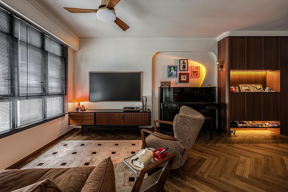 Asian Living Room with Vinyl Flooring and Storage Cabinets