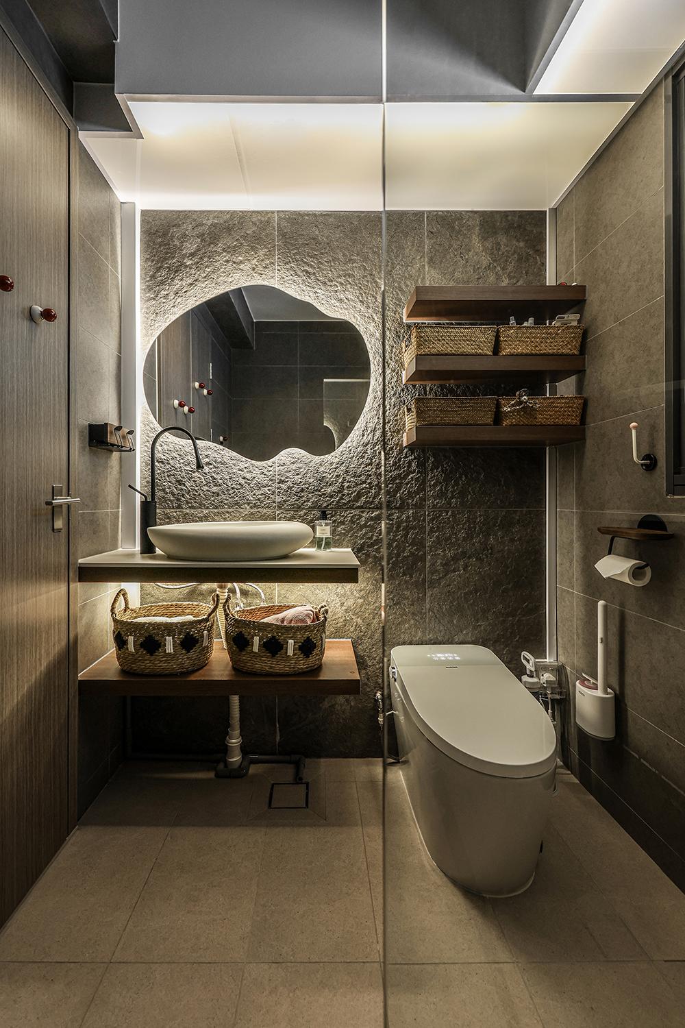 Asian Bathroom with Countertop and Homogeneous Tiles