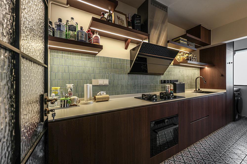 Asian Kitchen with Homogeneous Tiles and Glass Door