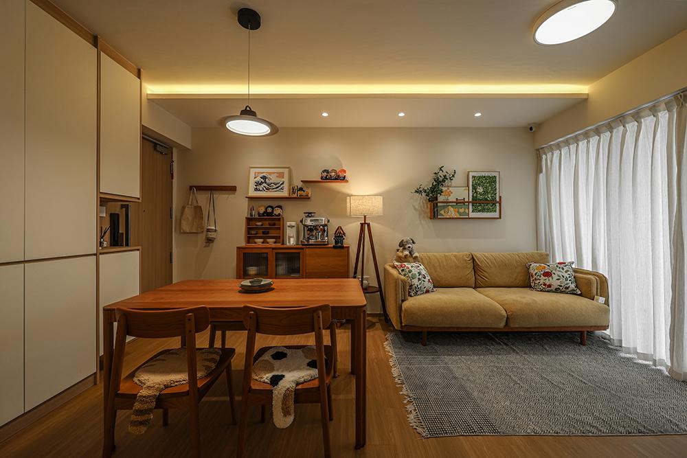 Scandinavian Living Room with Vinyl Flooring and Cove Lighting