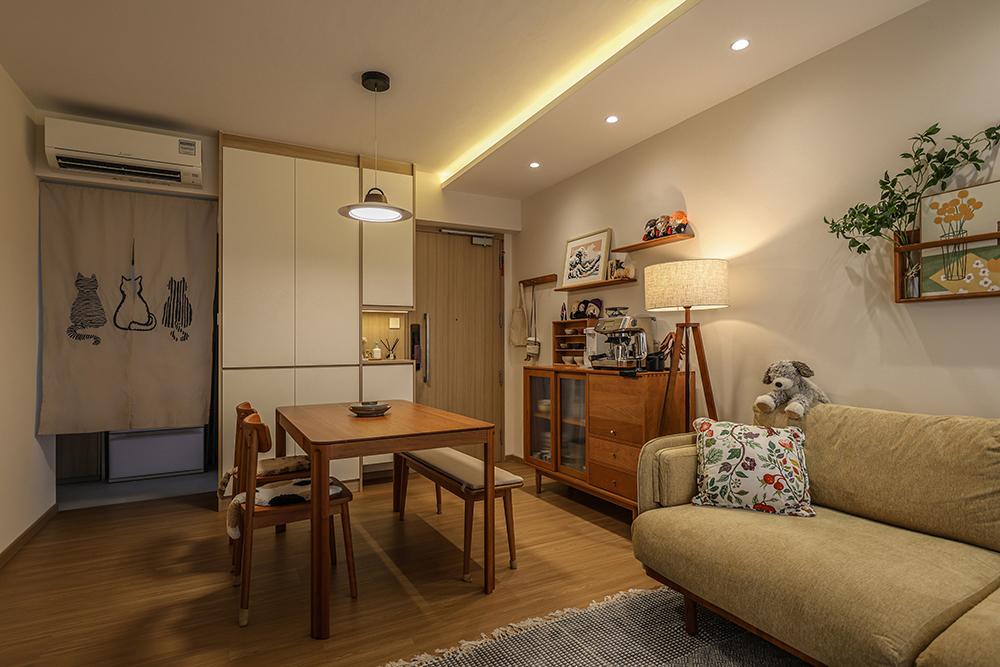 Scandinavian Dining Room with Vinyl Flooring and Cove Lighting