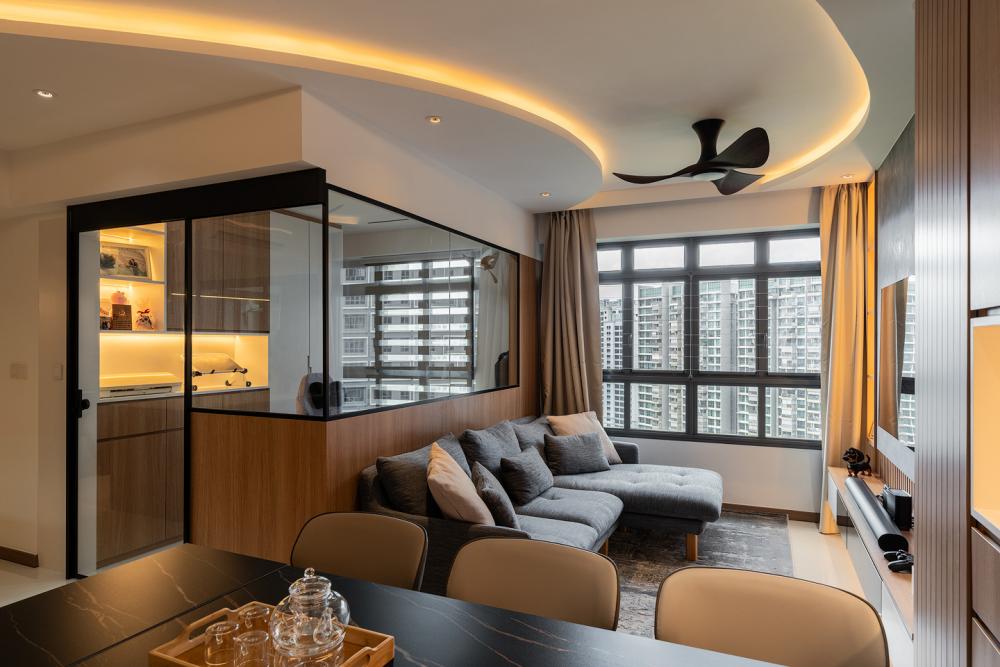 Modern Living Room with Cove Lighting and Chandelier