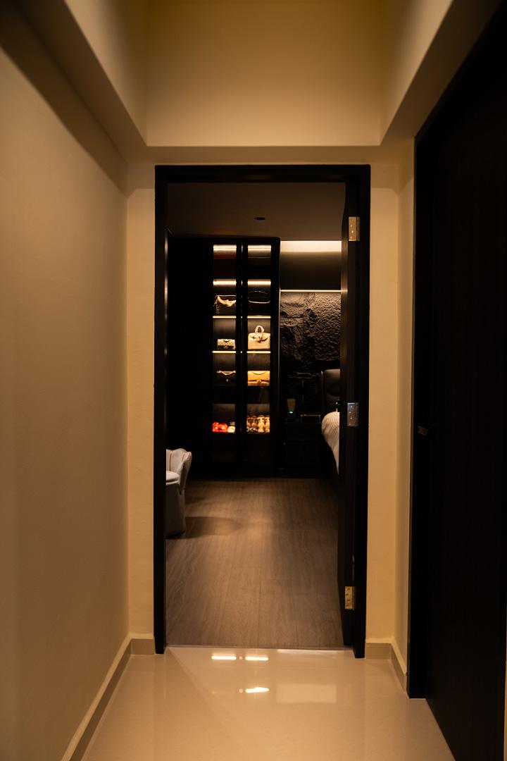 Modern Bedroom with Herringbone Tiling and Cement Floor