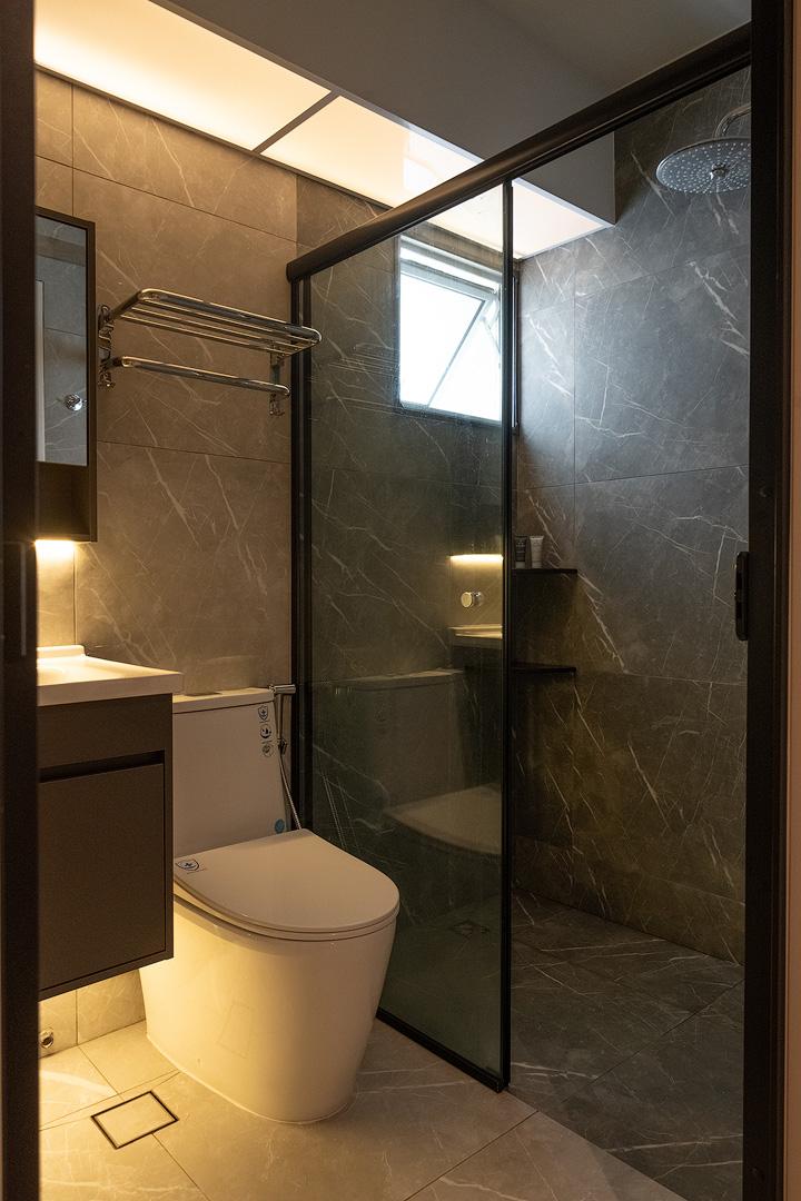 Scandinavian Bathroom with Vinyl Flooring and Herringbone Tiling