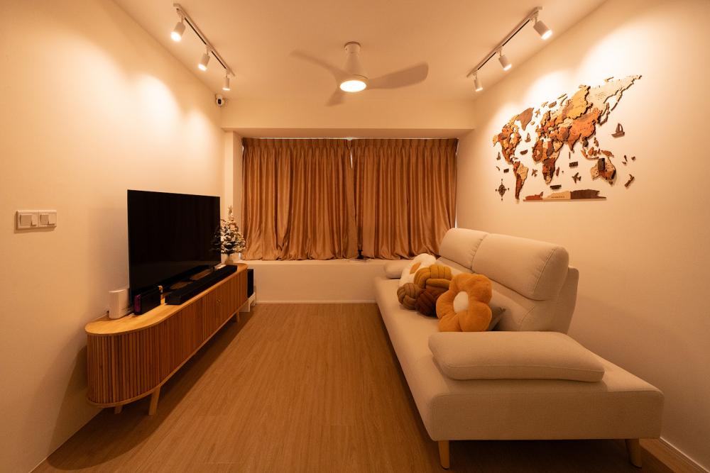 Scandinavian Living Room with Homogeneous Tiles and Cement Floor