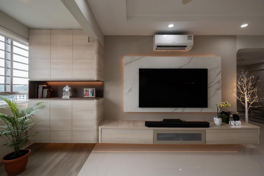 Contemporary Living Room with Countertop and Herringbone Tiling
