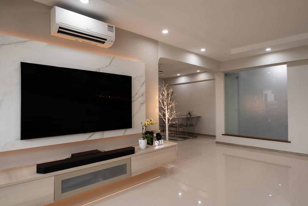 Contemporary Living Room with Granite Floor and Feature Wall