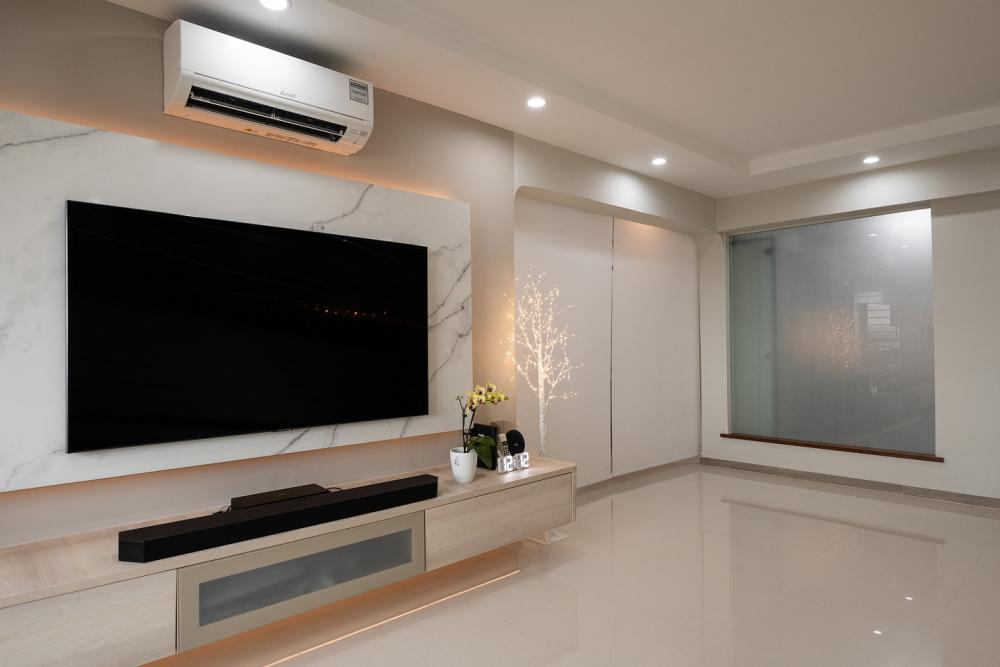 Contemporary Living Room with TV Console and Downlights