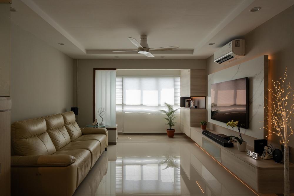 Contemporary Living Room with Countertop and Feature Wall