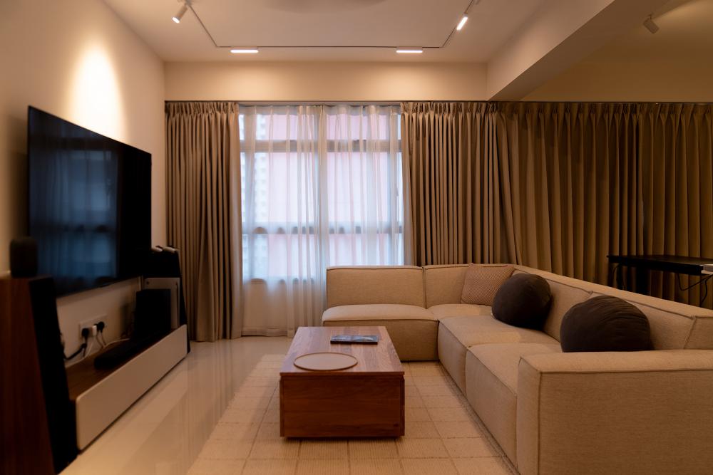 Contemporary Living Room with Herringbone Tiling and Granite Floor