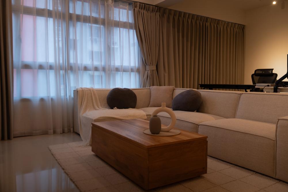 Contemporary Living Room with Granite Floor and Feature Wall