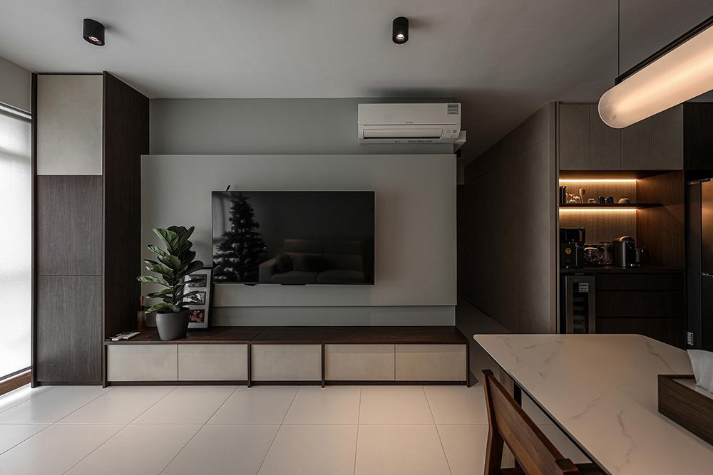 Modern Living Room with Homogeneous Tiles and TV Console