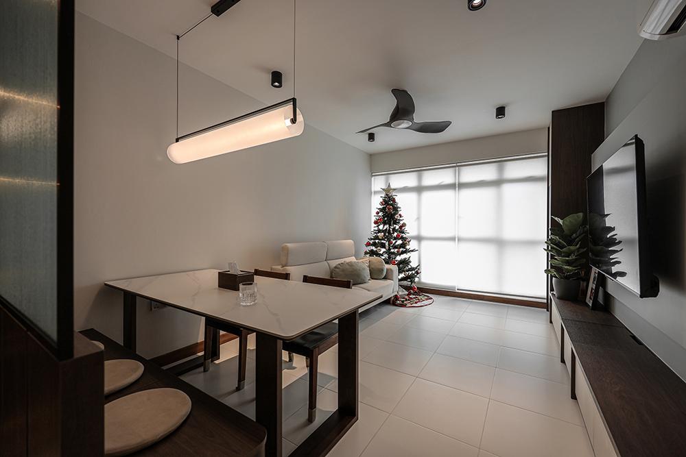 Modern Living Room with Homogeneous Tiles and TV Console