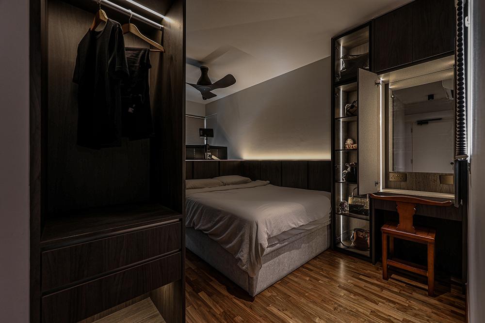 Modern Bedroom with Parquet Floor and Wardrobe