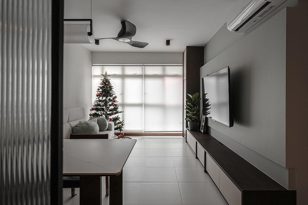 Modern Living Room with Homogeneous Tiles and TV Console