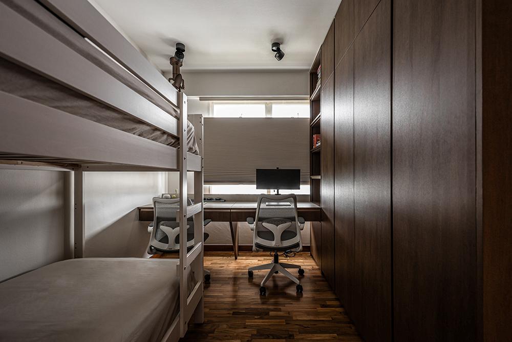 Modern Bedroom with Parquet Floor and Wardrobe