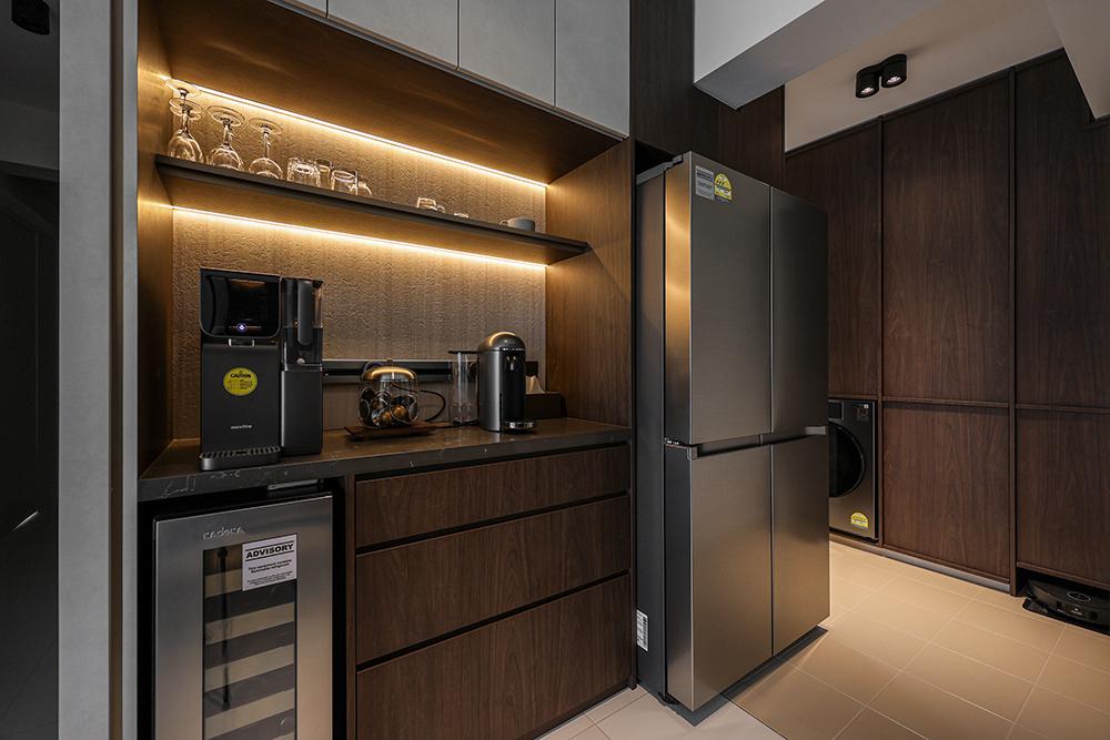 Modern Pantry with Drinkware and Storage Cabinets