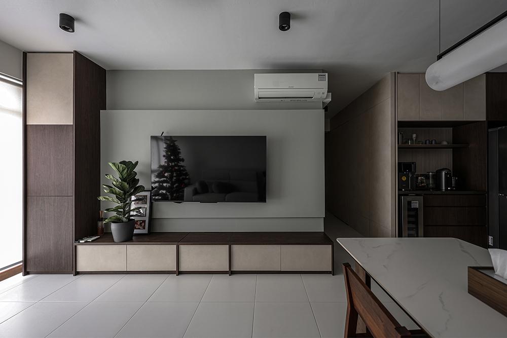 Modern Living Room with Homogeneous Tiles and TV Console