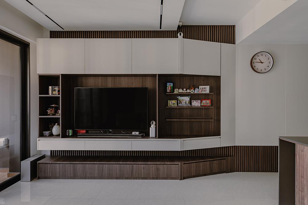 Scandinavian Living Room with TV Console and Feature Wall