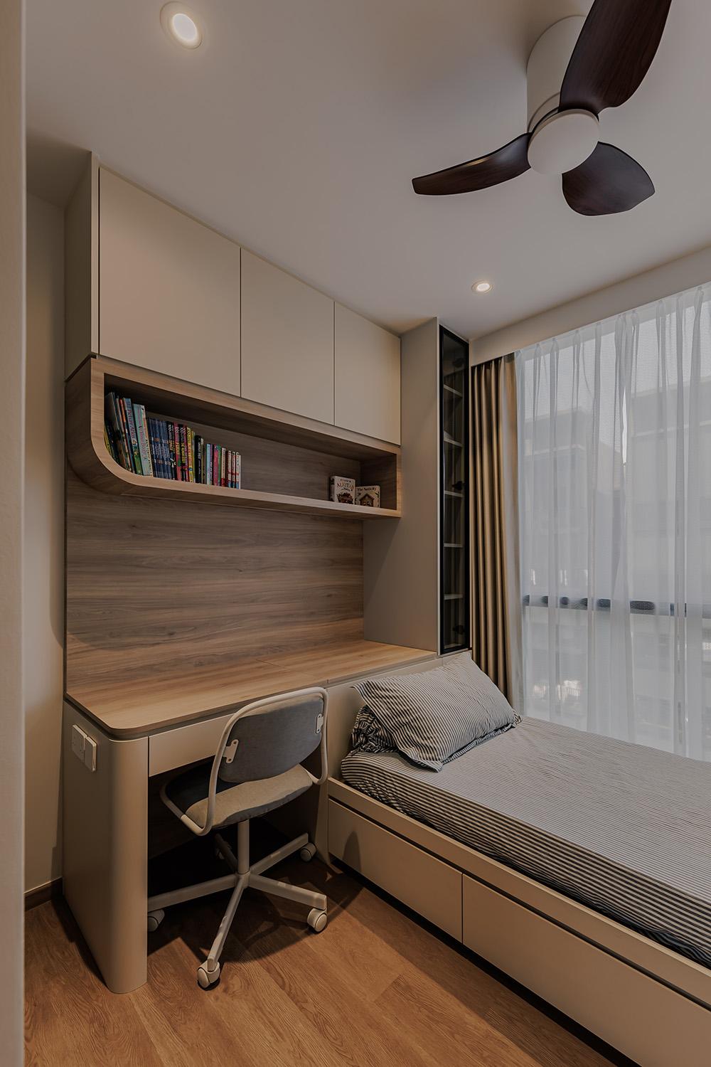 Scandinavian Bedroom with Bookshelf and Built-in Bed