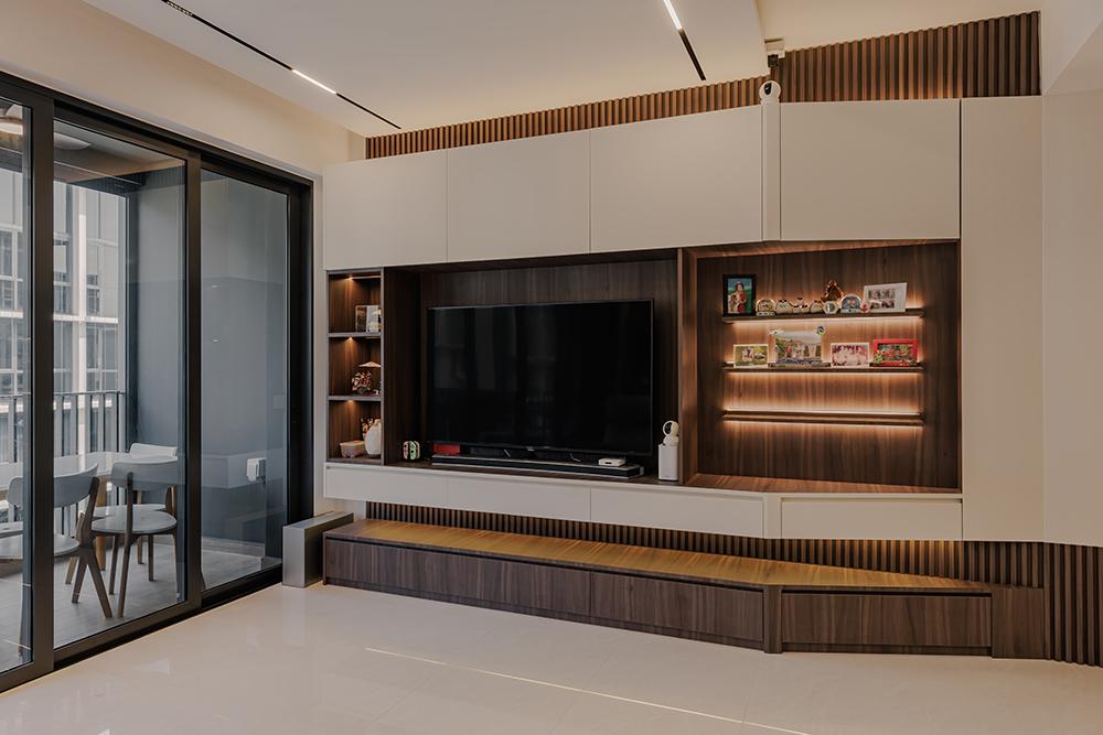 Scandinavian Living Room with TV Console and Feature Wall