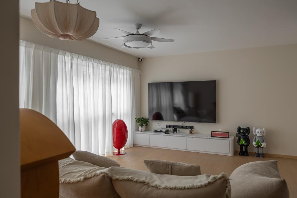 Contemporary Living Room with Bookshelf and Vinyl Flooring