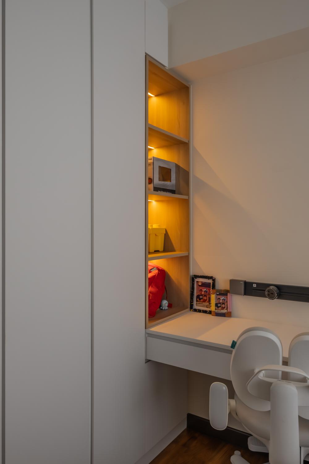 Contemporary Kids Room with Bookshelf and Platform Bed