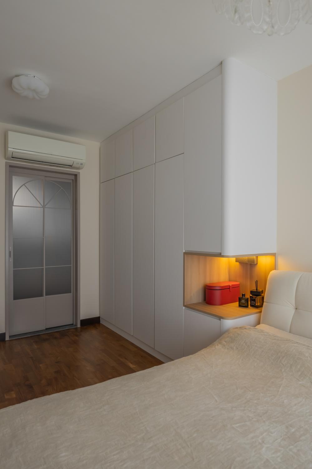 Contemporary Bedroom with Parquet Floor and Drop Light