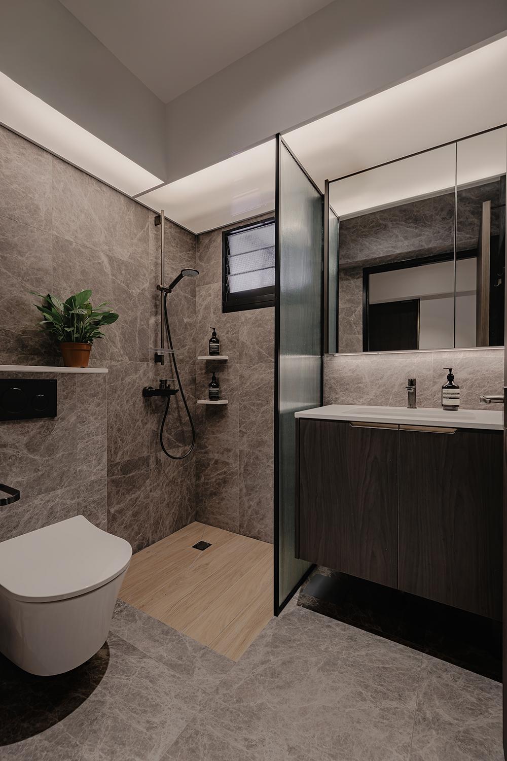 Modern Bathroom with Countertop and Homogeneous Tiles