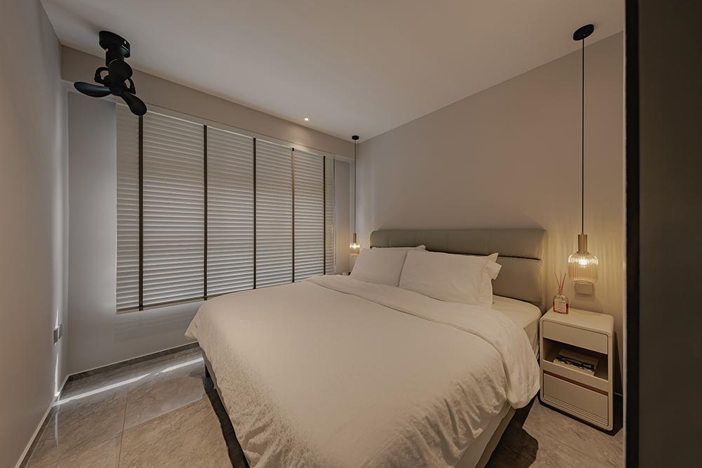 Modern Bedroom with Homogeneous Tiles and Lighting
