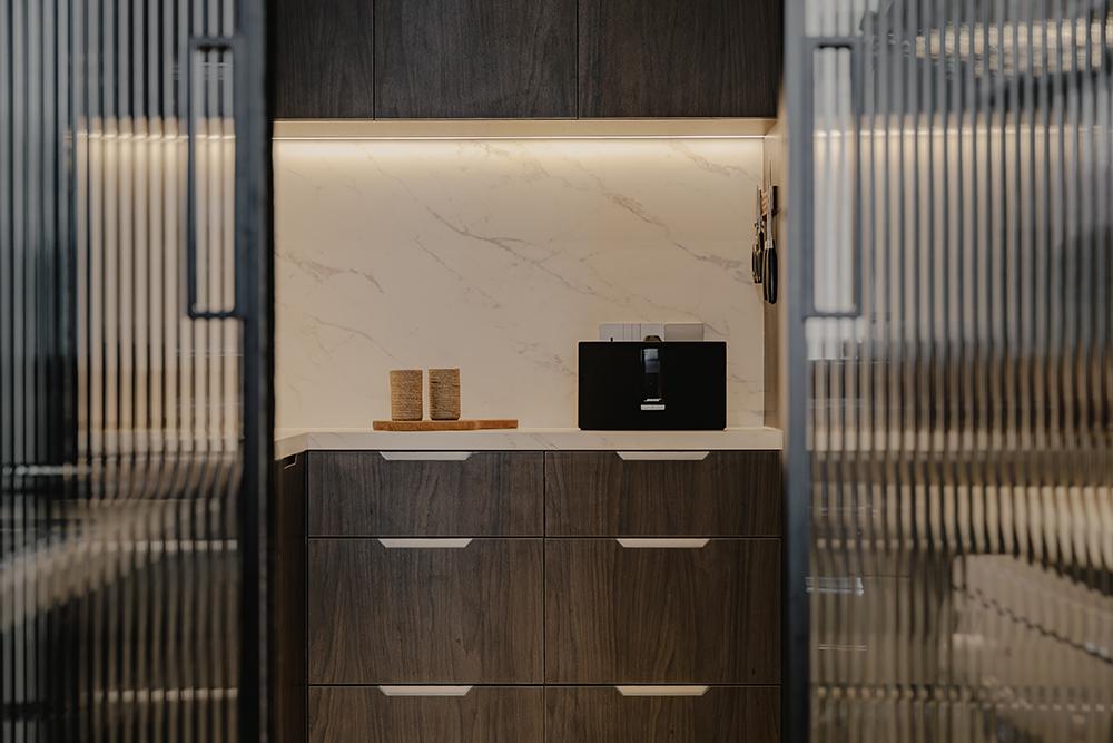 Modern Kitchen with Countertop and Glass Door