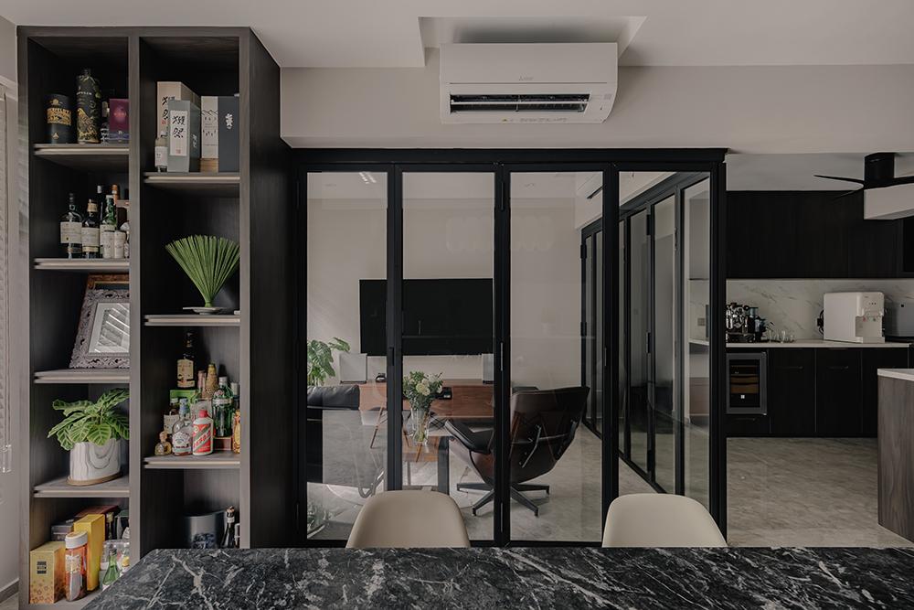 Modern Living Room with Homogeneous Tiles and Glass Door