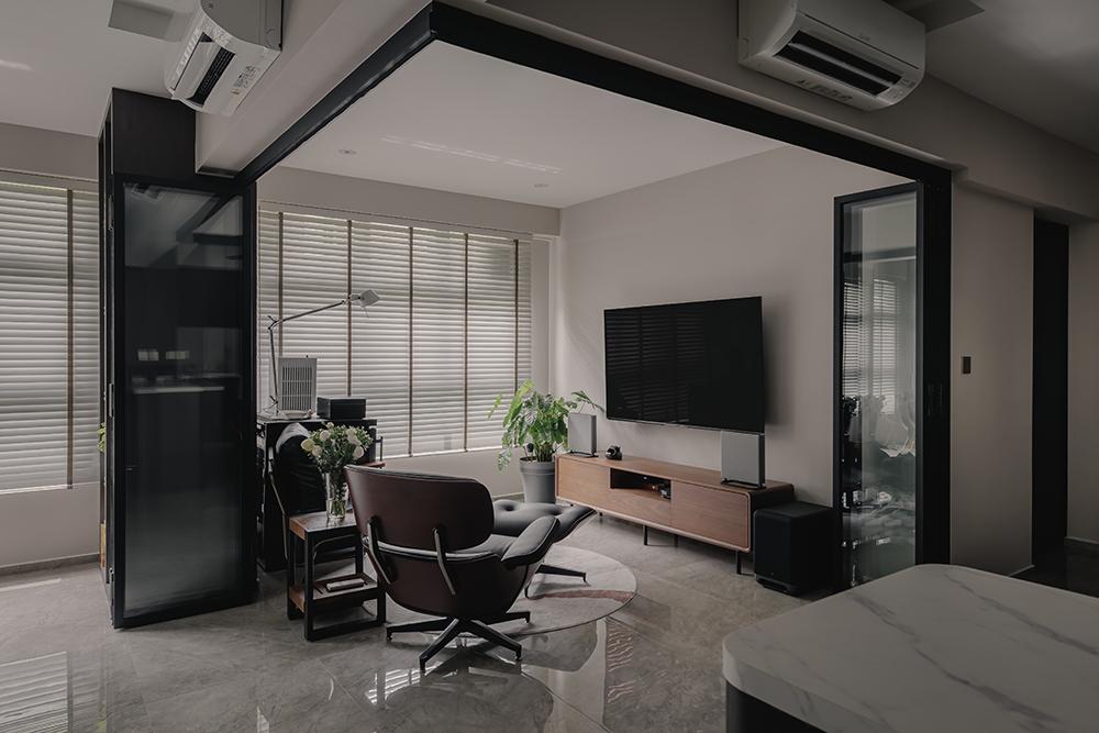Modern Living Room with Homogeneous Tiles and Glass Door