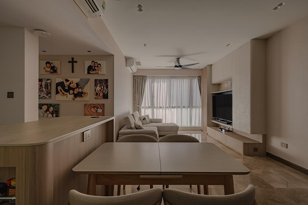 Minimalist Living Room with TV Console and Kitchen Island