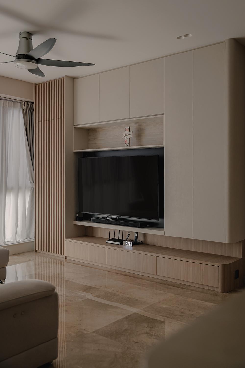 Minimalist Living Room with TV Console and Curtain