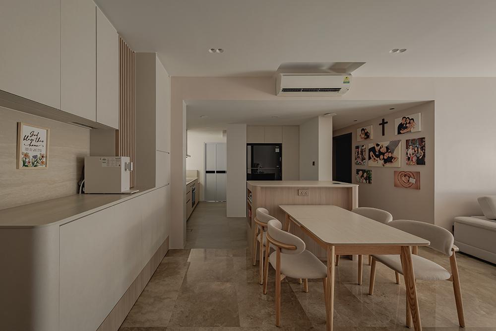 Minimalist Dining Room with Countertop and Kitchen Island