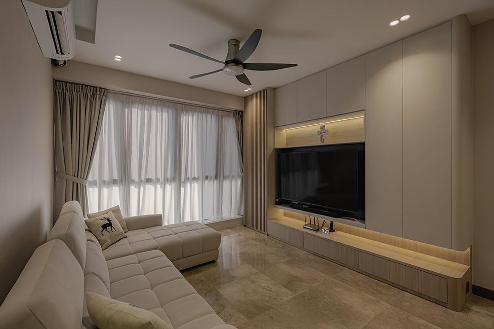 Minimalist Living Room with TV Console and Drop Ceiling