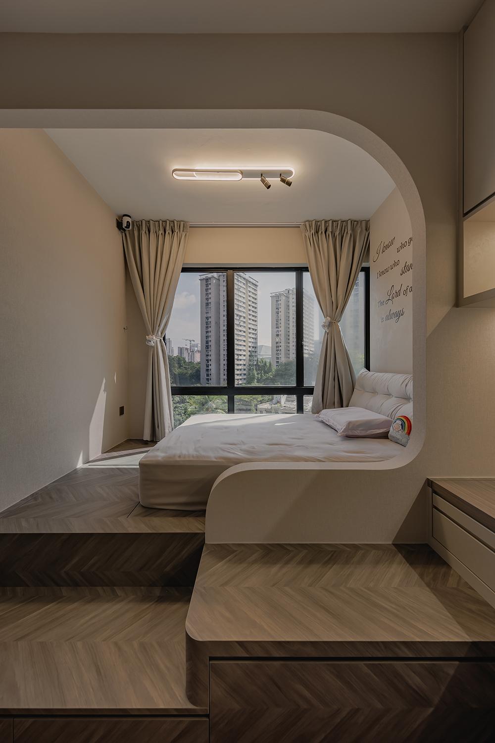 Minimalist Bedroom with Platform Bed and Built-in Bed