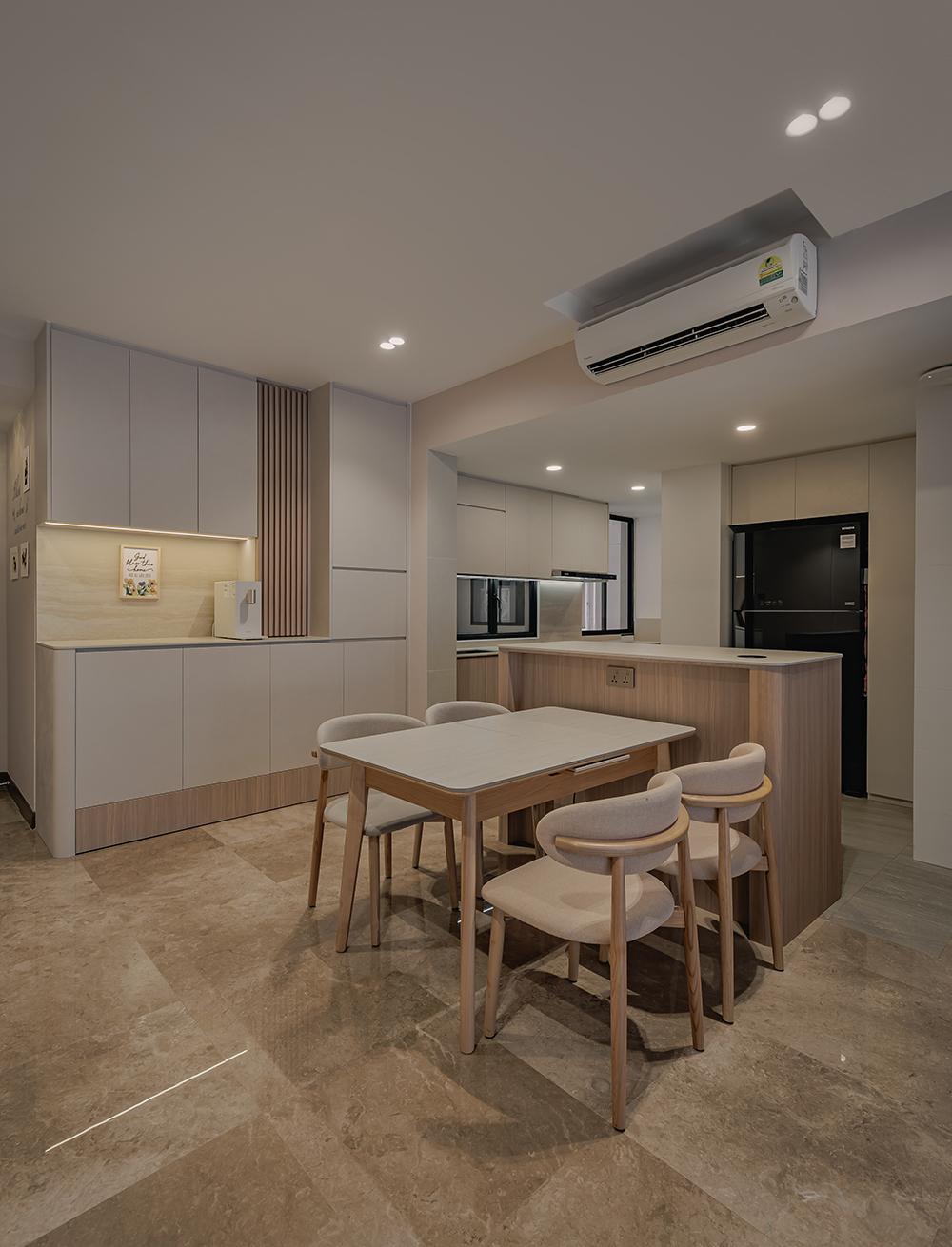 Minimalist Dining Room with Countertop and Kitchen Island