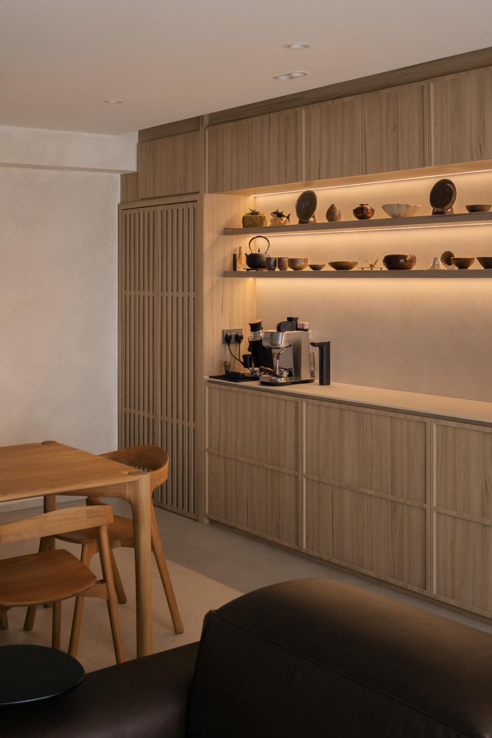 Asian Dining Room with Homogeneous Tiles and Storage Cabinets