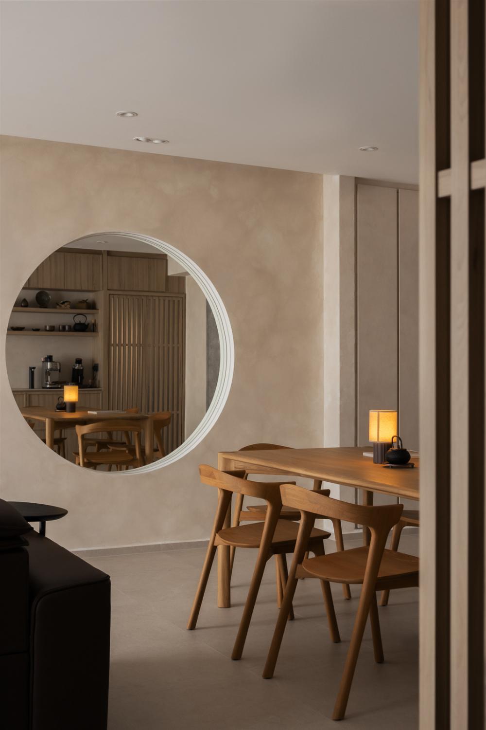Asian Dining Room with Homogeneous Tiles and Feature Wall