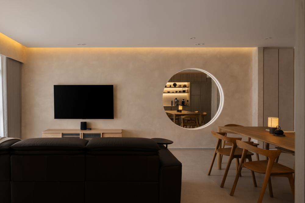 Asian Living Room with Feature Wall and Mirror