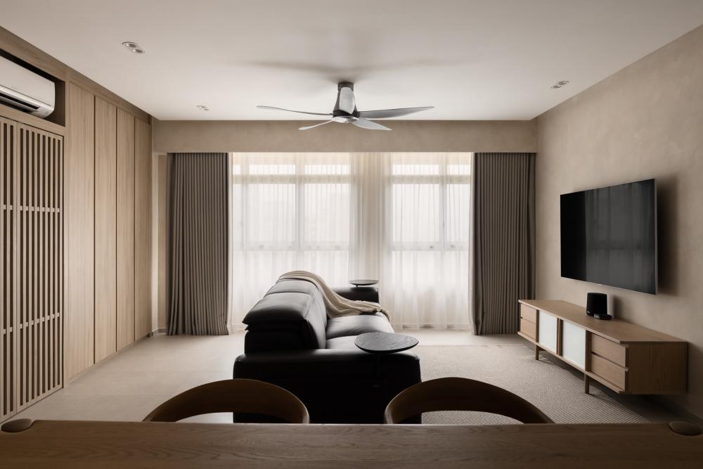 Asian Living Room with Homogeneous Tiles and Feature Wall