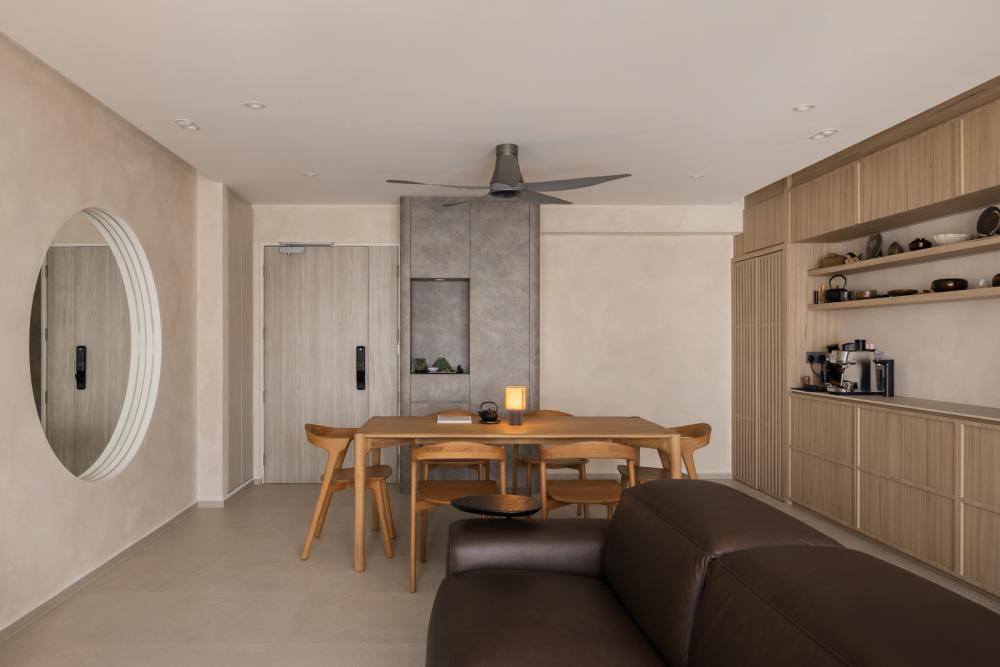 Asian Dining Room with Mirror and Dining Table