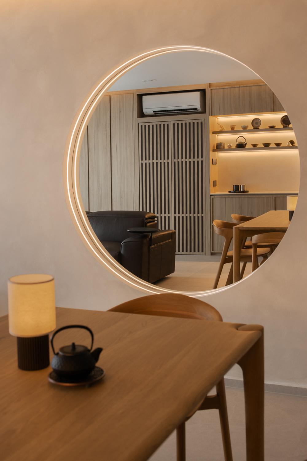 Asian Entryway with Feature Wall and Mirror