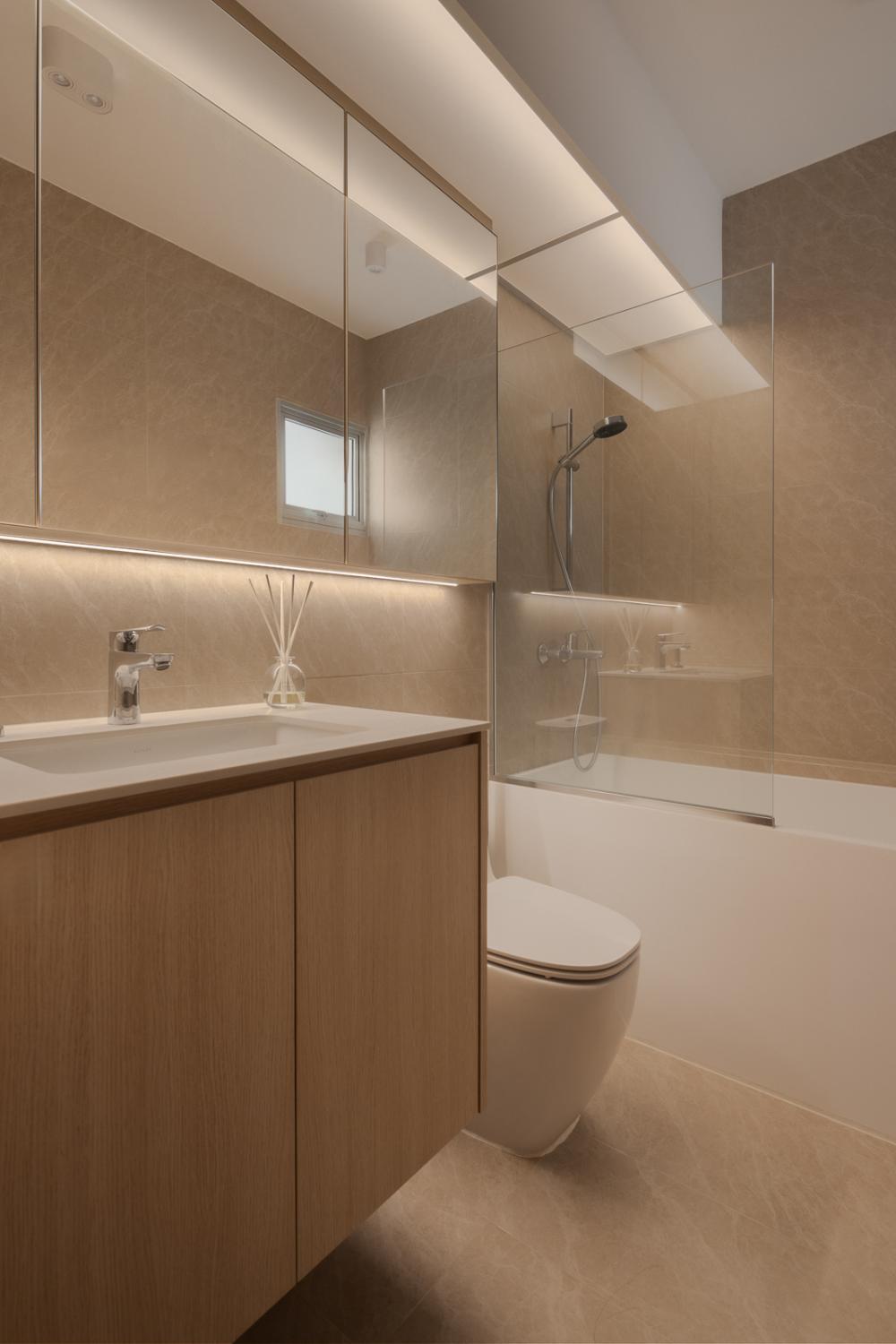 Asian Bathroom with Mirror and Bathtub