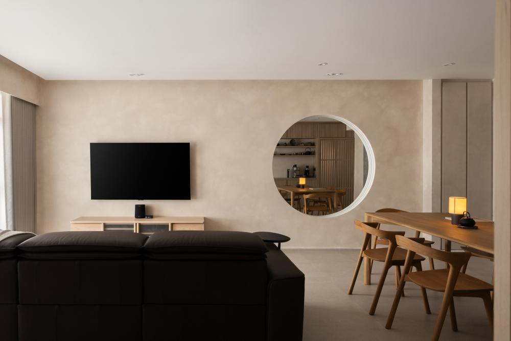 Asian Living Room with Homogeneous Tiles and Feature Wall