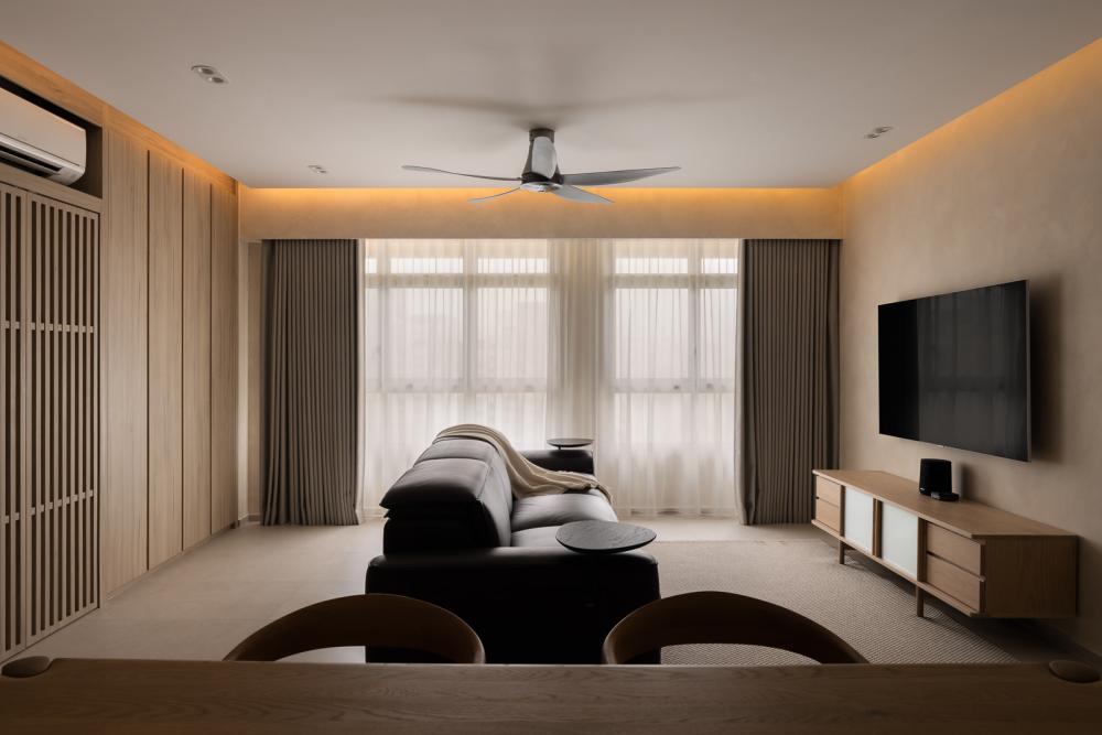 Asian Living Room with Homogeneous Tiles and Feature Wall