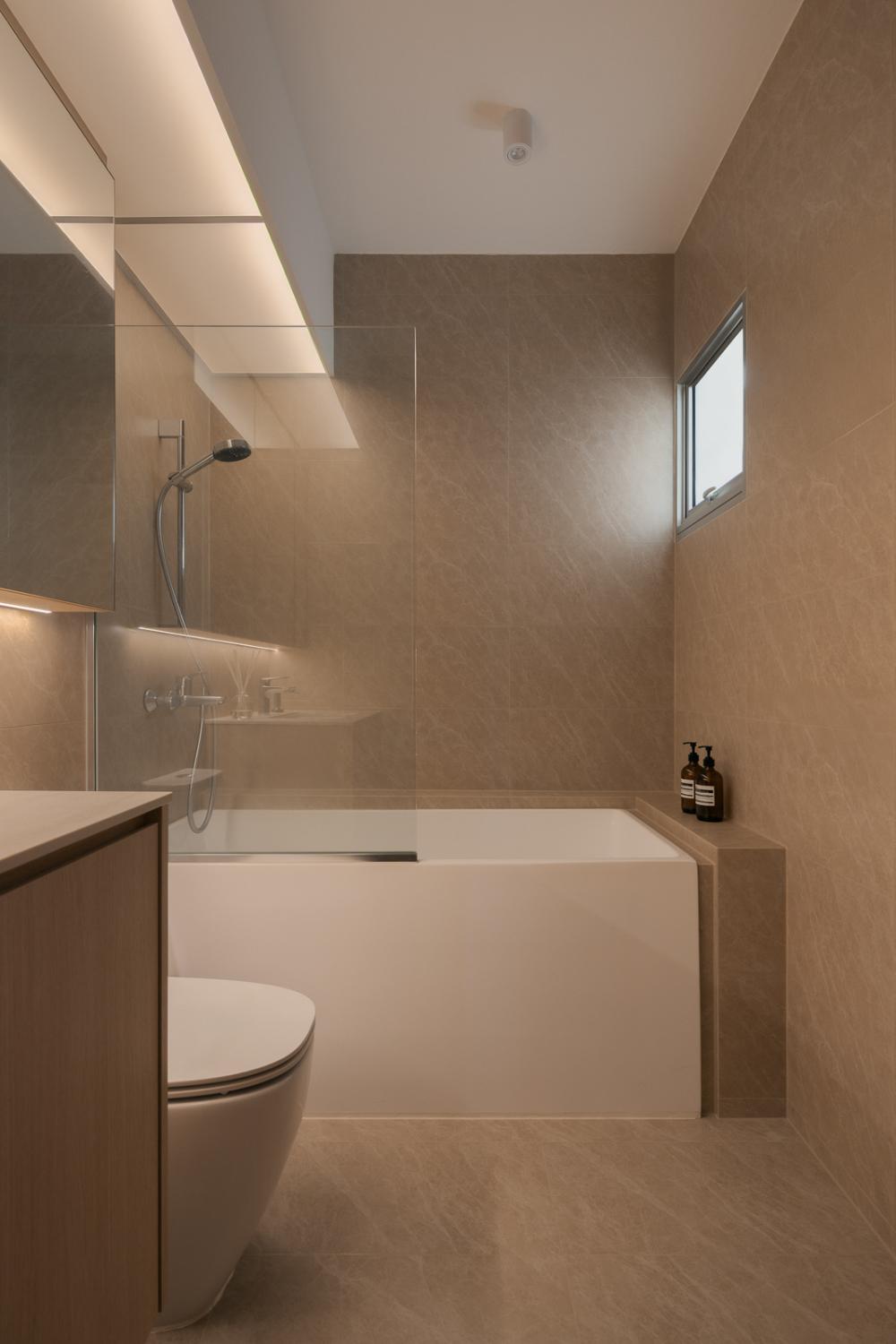 Asian Bathroom with Mirror and Bathtub