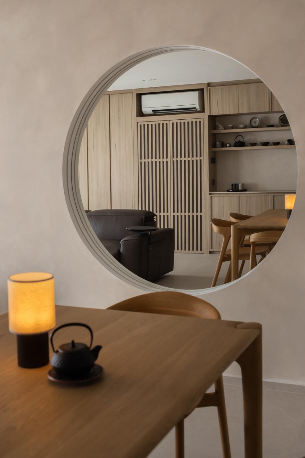 Asian Dining Room with Homogeneous Tiles and Feature Wall